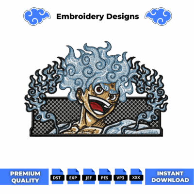 Anime embroidery design of Luffy Gear 5 from One Piece