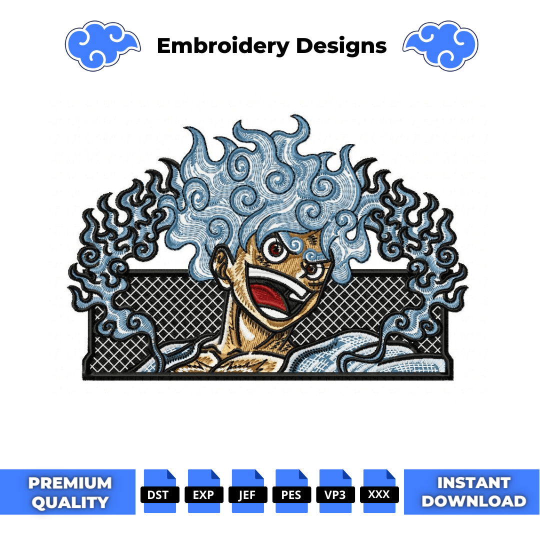 Anime embroidery design of Luffy Gear 5 from One Piece