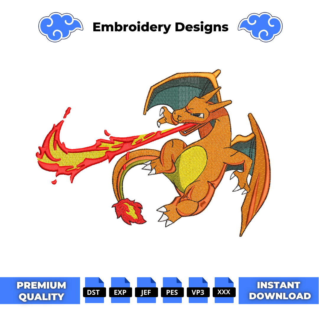 Anime embroidery design of Charizard from Pokemon