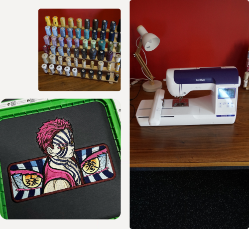 The Brother embroidery machine in Agathe's studio mid-stitchout of an anime design