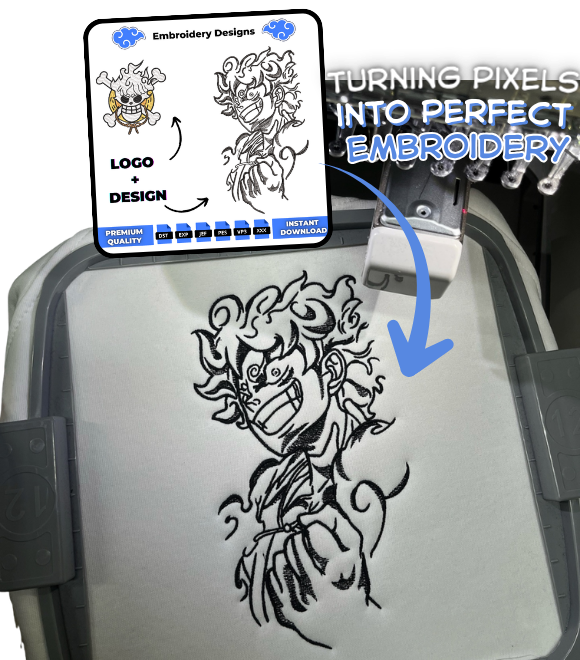 Luffy Gear 5 anime embroidery design showcasing digital file preview and the finished embroidered stitchout.